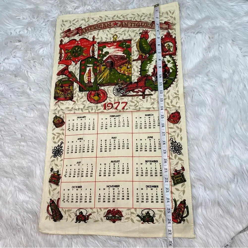 1977 Vintage Cloth Wall Calendar Beige Cottagecore Folk Art